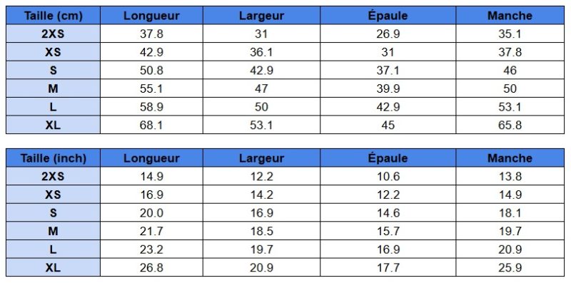 Tableau des tailles de pull (enfants)