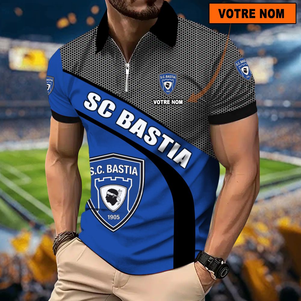 SC Bastia – Polo à fermeture éclair Nouveau Design Avec Nom Personnalisé SC Bastia – Polo à fermeture éclair Nouveau Design Avec Nom Personnalisé